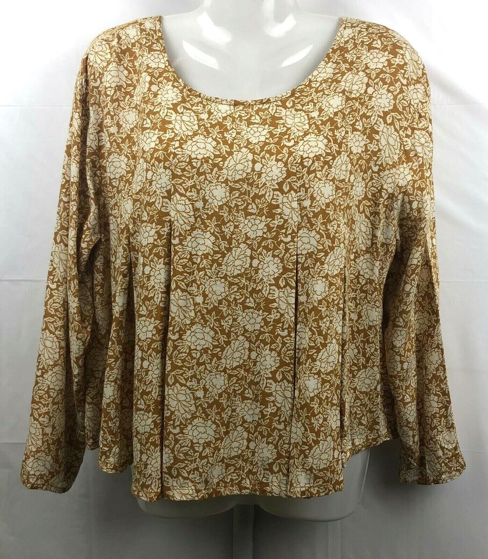Kimchi Blue Top Women L Yellow Floral Pleated V-Back Long Sleeves Cropped Boho